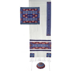 Yair Emanuel Embroidered Silk Cotton Tallit Set, Stars of David - Blue and Red