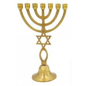 Dark Gold Brass 7-Branch Menorah with Star of David and Grafted In Symbol  9"