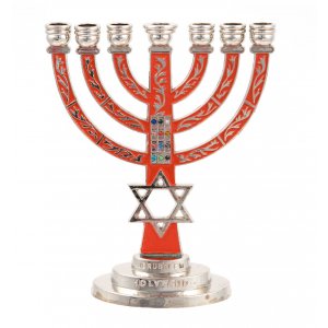 7-Branch Menorah, Red on Silver with Breastplate and Star of David  5.2"