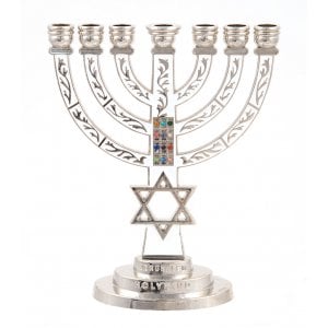 7-Branch Menorah, White on Silver with Breastplate and Star of David  5.2"