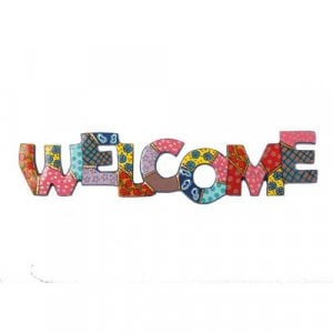 Yair Emanuel Hand Painted Metal Wall Hanging with Welcome in English  Colorful