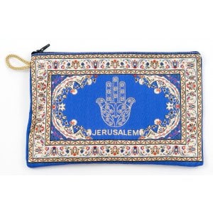 Embroidered Fabric Purse, Blue Hamsa with Oriental Design  Choice of Sizes