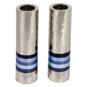 Yair Emanuel Hammered Nickel Cylinder Candlesticks - Blue Bands