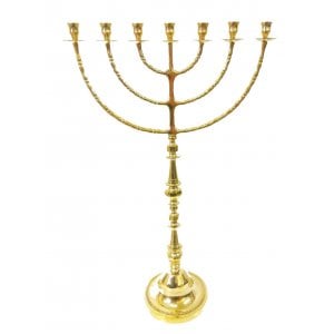 Extra Large Seven Branch Menorah on Stem, Gold Colored Brass - 32"