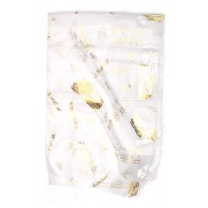 Womans Head Scarf  Gold Jerusalem Images with Dove, Lion & Psalm Verse - White