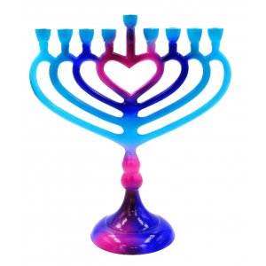 Blue and Pink Chanukah Menorah on Stem with Heart Outline - For Candles