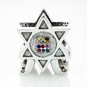 Silver Plated Napkin Holder with Colored Stones - Star of David, Choshen