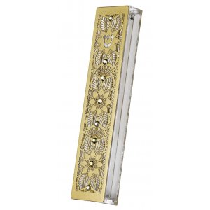 Dorit Judaica Gold Stainless Steel Acrylic Mezuzah Case, Crystals - Lace Flower