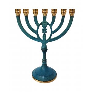 Seven Branch Menorah with Framed Oval Grafted In Design, Blue Patina - 8"
