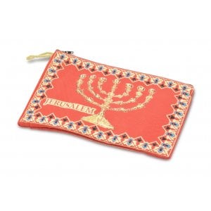 Embroidered Large Fabric Purse, Seven Branch Menorah  Red