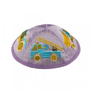 Yair Emanuel Kippah for Children  Embroidered Colorful Trucks on Lilac