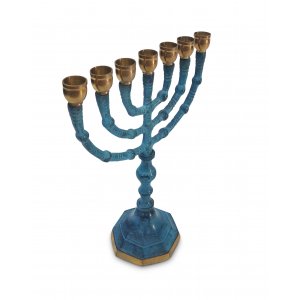 Small Seven Branch Menorah, Gold Metal and Turquoise Patina - 8