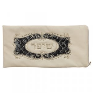 Faux Leather Rams Horn Shofar Pouch, White  Embroidered Black Velvet & Crystals