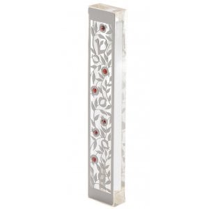 Dorit Judaica Large Lucite Mezuzah Case, Pomegranate Overlay with Crystals - Red