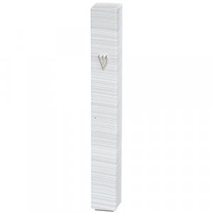 White Plastic Mezuzah Case with Fine Silver Stripes, Silver Shin  Various Sizes
