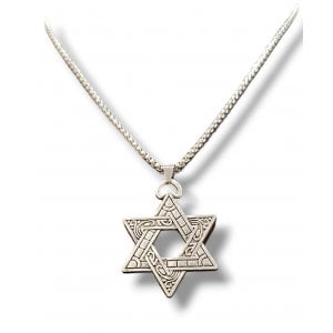 Star of David Necklace with wavy and Line Design, Large  Stainless Steel
