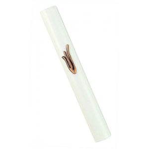 White Wood Rounded Mezuzah Case  Flame Image Shin in Bronze Pewter
