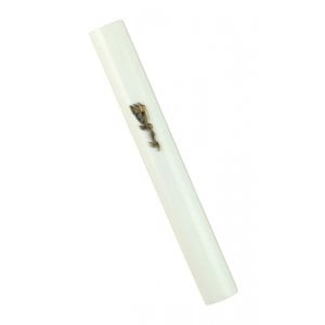 White Wood Rounded Mezuzah Case  Divine Name Decoration in Gold Pewter