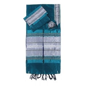 Gabrieli Handwoven Green Silk Prayer Shawl Tallit Set - Silver Stripes