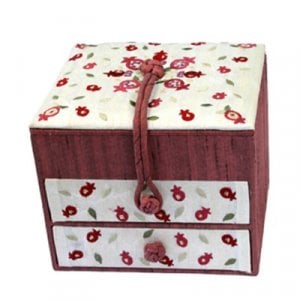 Yair Emanuel Wood & Fabric Embroidered Maroon Jewelry Box - Pomegranates