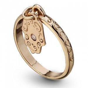 Ha'Ari Gold Kabbalah Ring, Hanging Hamsa with Diamond - for Protection