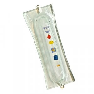 Itay Mager Fused Glass Mezuzah Case  Off White with Colored Glass Decorations