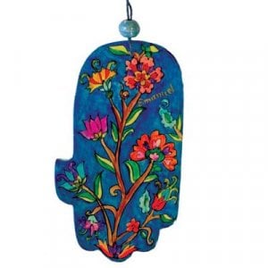 Yair Emanuel Hand Painted Wood Wall Hamsa, Red and Blue  Flowers