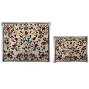 Yair Emanuel White Embroidered Tallit and Tefillin Bag  Red Pomegranate Vines