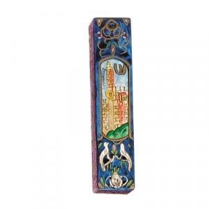 Yair Emanuel Small Hand Painted Wood Mezuzah Case - Tower of David on Blue