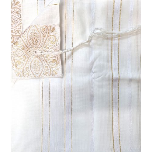 Acrylic Non-Slip Tallit, Textured Checkerboard Weave  White and Gold Stripes