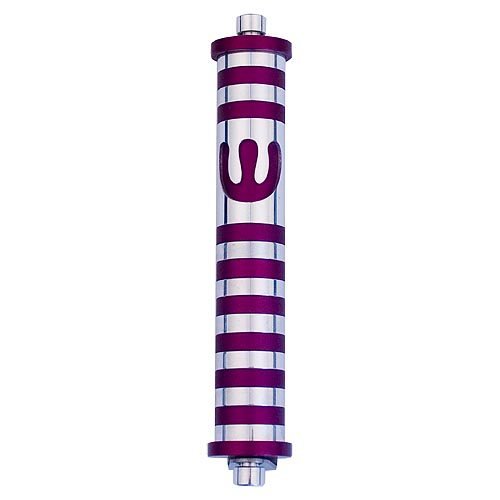 Agayof Cylinder Mezuzah Case with Bands and Curving Shin, Dark Colors  6 Inches