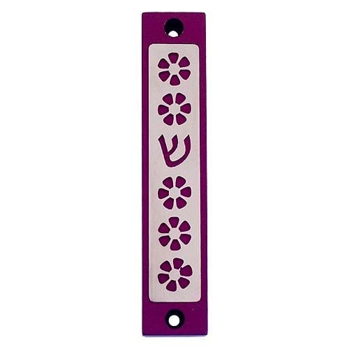 Agayof Mezuzah Case, Five Flowers and Shin in Dark Colors  4 Inches Height