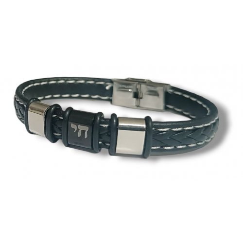 Black Leather Bracelet, Engraved Arrows - Center Plaque with CHAI in Hebrew