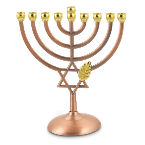 Bronze Color Chanukah Menorah with Star of David and Leaf Design - 7 Inches