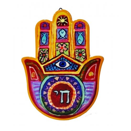 Colorful Hamsa Plaque with Chai, Eye & Fish Motifs  Wall Plaque or Table Stand