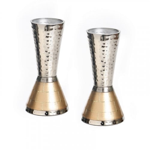 Cone Shaped Silver and Copper Shabbat Candlesticks, Hammered and Wall Design
