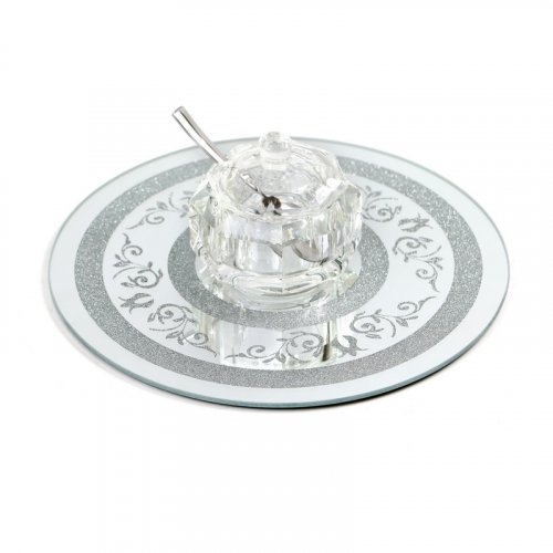 Crystal Honey Dish with Lid and Spoon on Circular Decorative Crushed Glass Tray