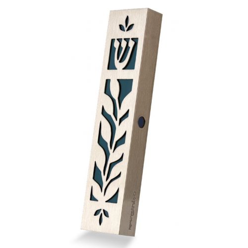 Dorit Judaica Mezuzah Case Stainless Steel, Cutout Leaf Design  Dark Green