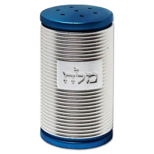 Dorit Judaica Spiral Design Salt Shaker with Hebrew Plaque - Silver and Turquoise
