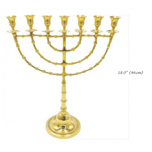Extra Large Seven Branch Menorah on Stem, Gleaming Gold Colored Brass - 18