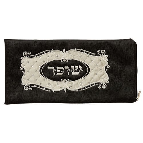 Faux Leather Rams Horn Shofar Pouch, Black  Embroidered White Velvet & Crystals