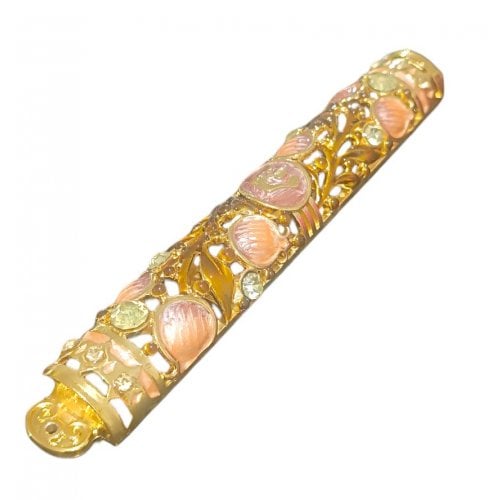 Gleaming Gold Enamel Mezuzah Case - Pomegranate and Leaf Design, Choice of Colors