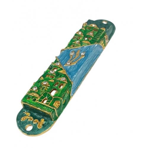 Gleaming Mezuzah Case, Jerusalem Images - Green, Gold and Blue with Crystals
