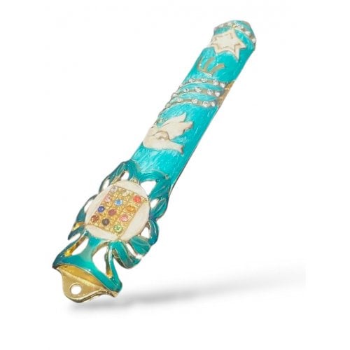 Gleaming Mezuzah Case with Dove, Breastplate and Star of David - Choice of Colors