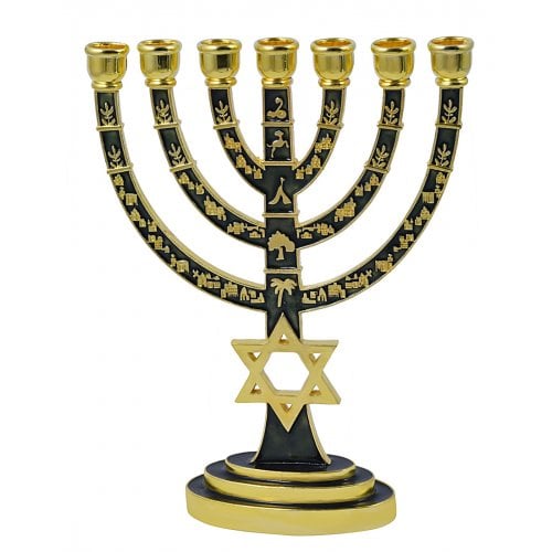 Gold 7-Branch Menorah, Green Enamel with Star of David & Judaic Symbols  9.5