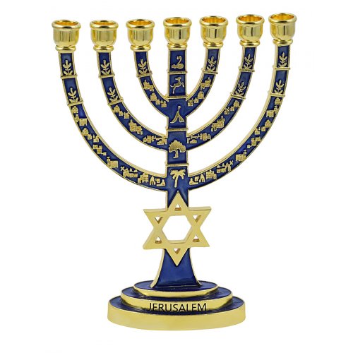 Gold with Blue Enamel 7-Branch Menorah, Judaic Emblems and Star of David  9.5
