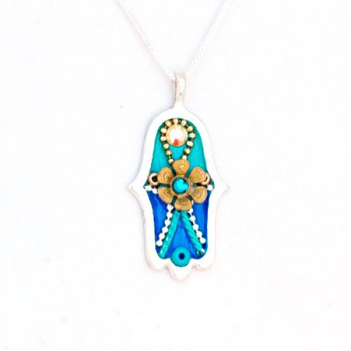 Good Luck Hamsa Necklace with Flower by Ester Shahaf