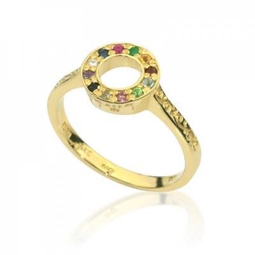 HaAri Gold Kabbalah Ring with 12 Colored Choshen Stones, High Priest Breastplate