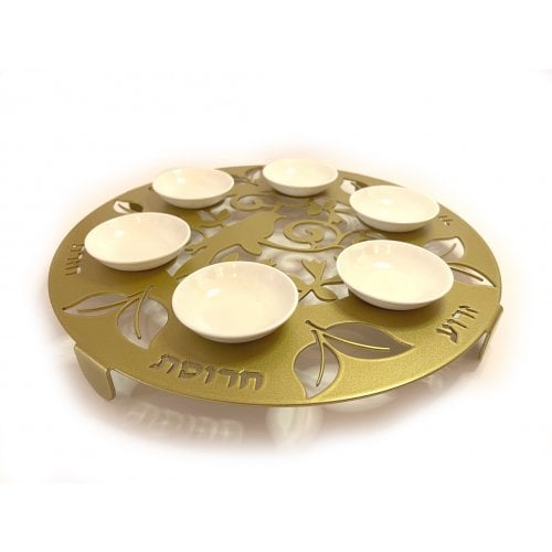 Iris Design, Raised Handmade Seder Plate with Cutout Bird and Leaves  Gold