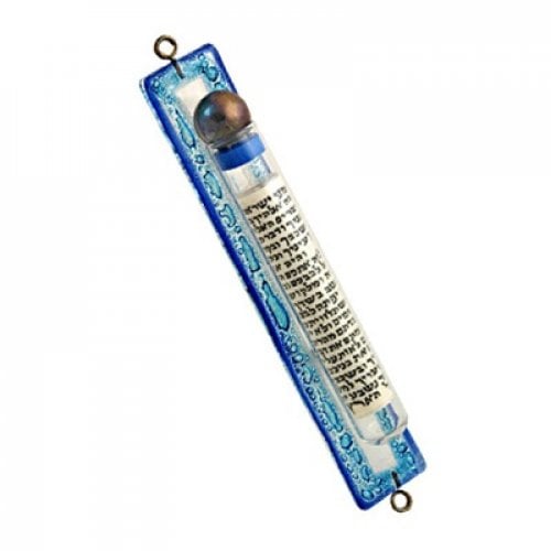 Itay Mager Blue Fused Glass Mezuzah Case - Scroll Decoration